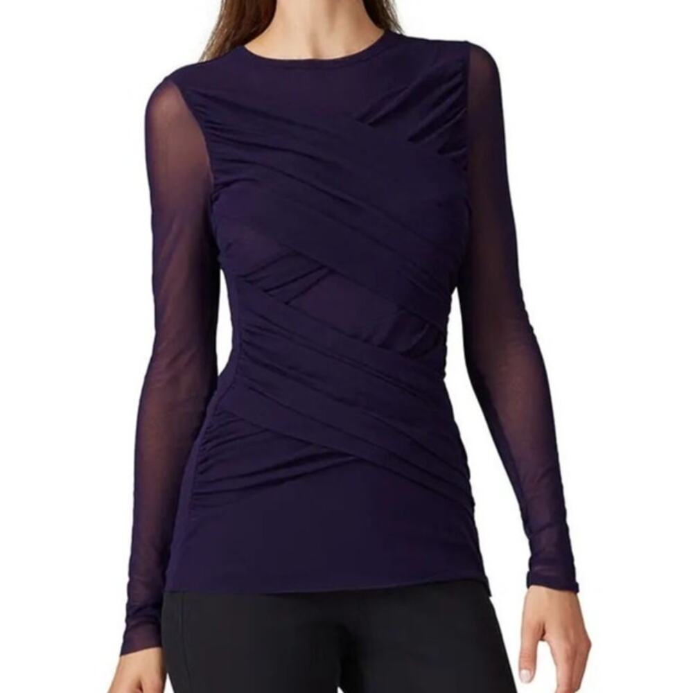 Fuzzi Iris Top Long Sleeve Crew Neck Ruched Wrap Bodice Purple Navy Blue Small